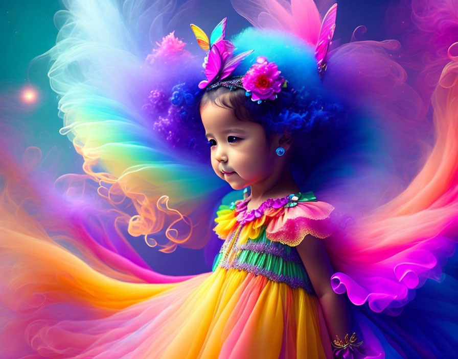 Colorful Young Girl with Feathers in Vibrant Setting