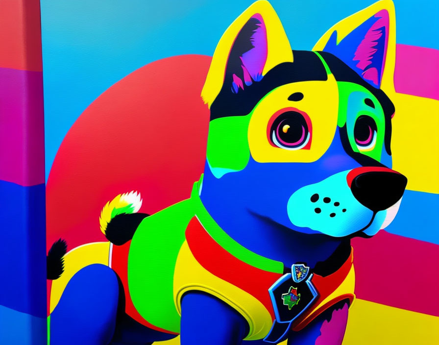 Vibrant pop art painting of a cartoon dog with multicolored fur and red vest