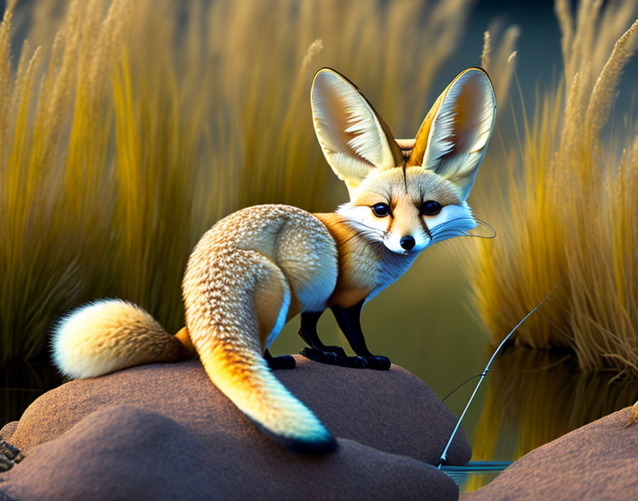 Stylized illustration of fennec fox with oversized ears in golden grass field