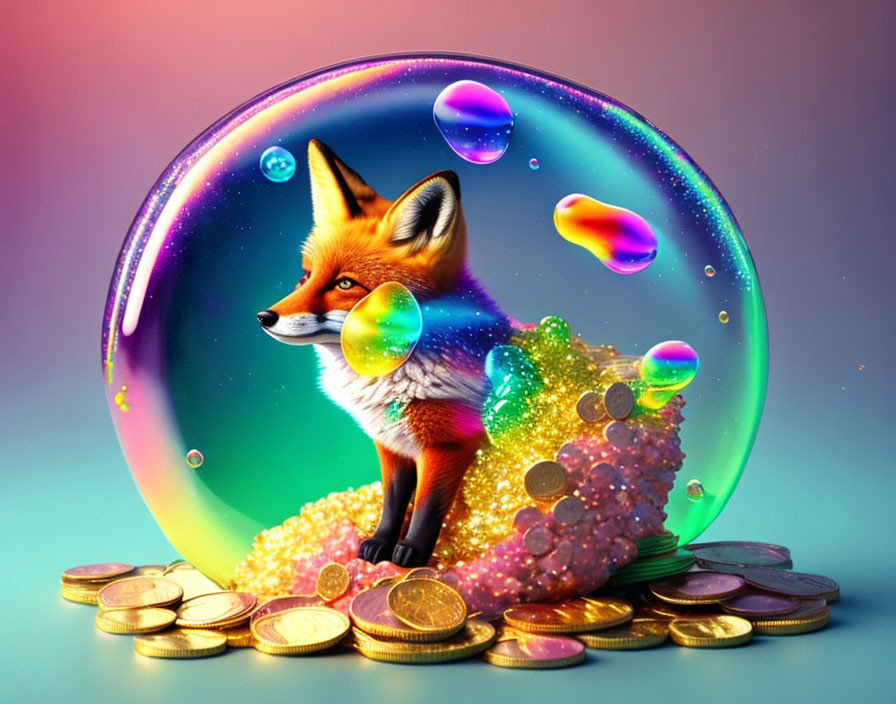 Colorful Fox in Bubble Surrounded by Gold Coins