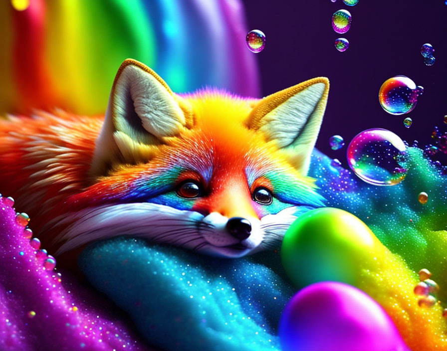 Colorful Fox with Blue Eyes in Fantasy Rainbow Setting