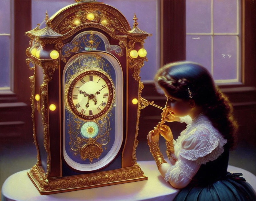 Period woman ponders ornate grandfather clock in warm-lit room