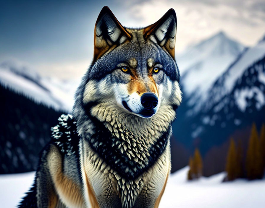 Majestic Wolf with Striking Fur Patterns in Snowy Mountain Scene