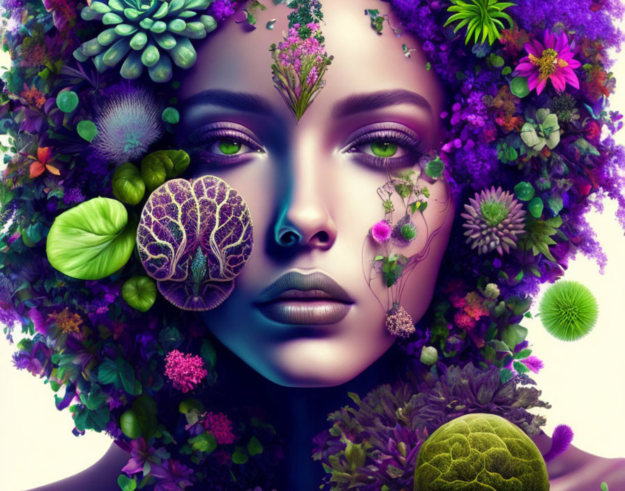 Surreal portrait of a woman with vibrant floral adornments