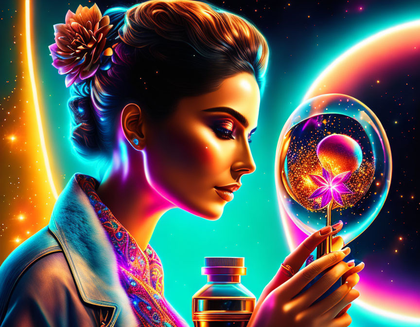 Colorful digital artwork: Woman with cosmic background and glowing dandelion sphere