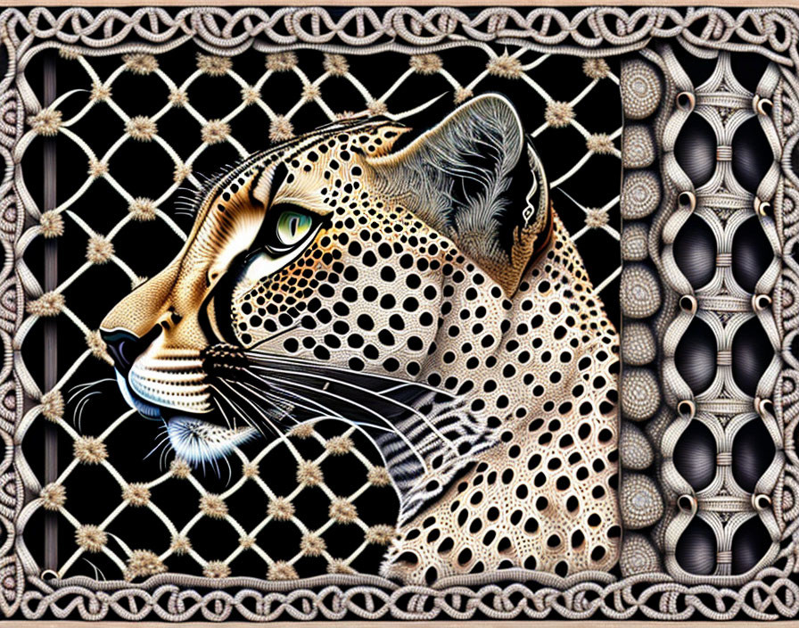 Leopard face with intricate patterns on geometric background