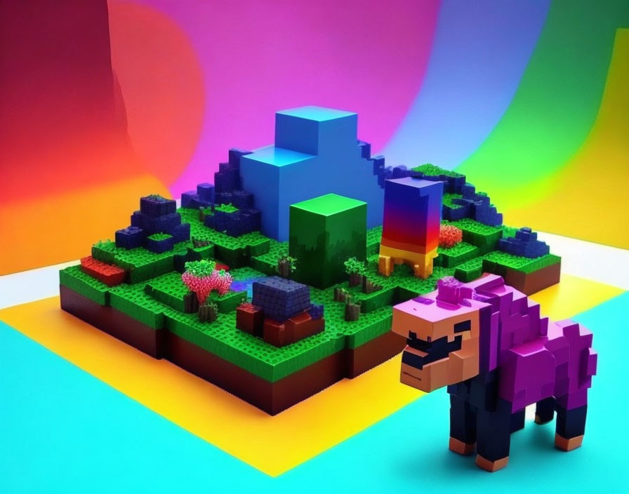 Vibrant Cubist Landscape with Pixelated Elephant