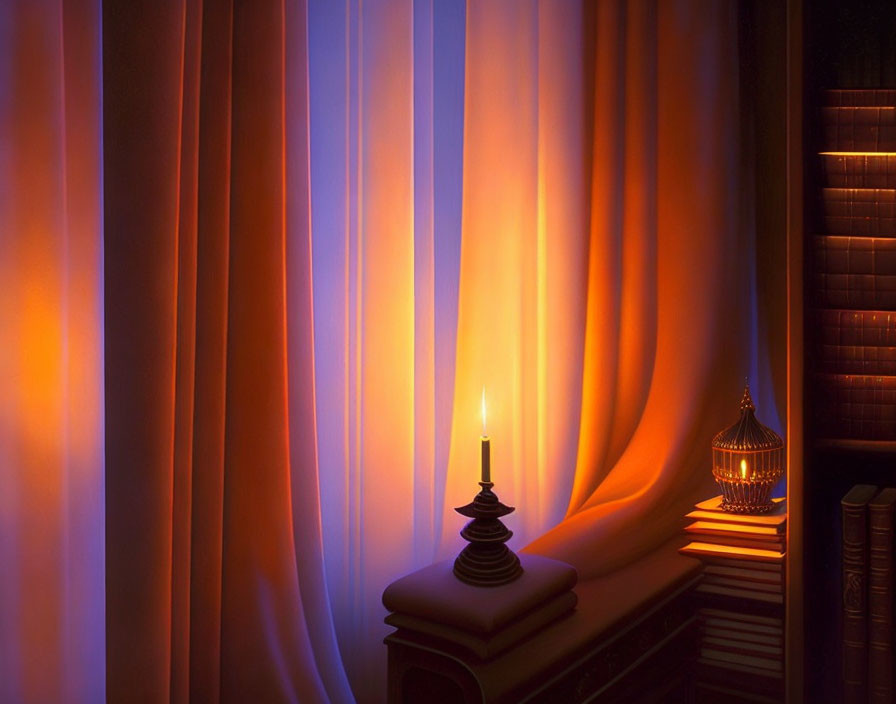 Dimly lit room with candle and lantern casting warm glow on curtains