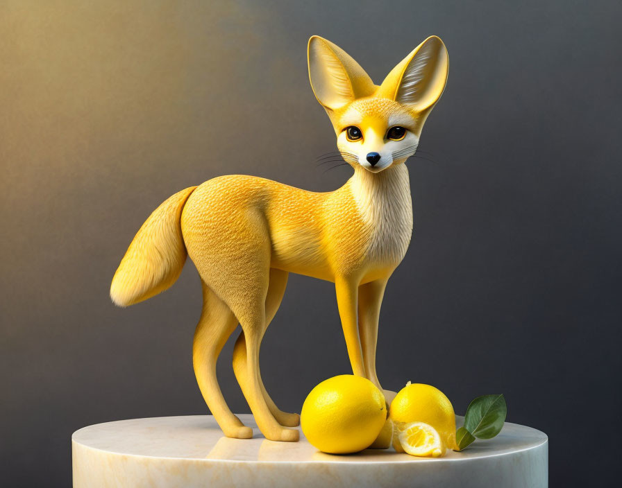 Whimsical digital illustration of oversized fennec fox with lemons on pedestal