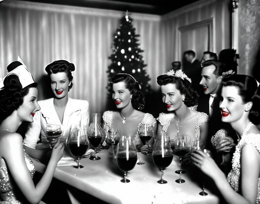 Group of people toasting with wine glasses at festive gathering with Christmas tree