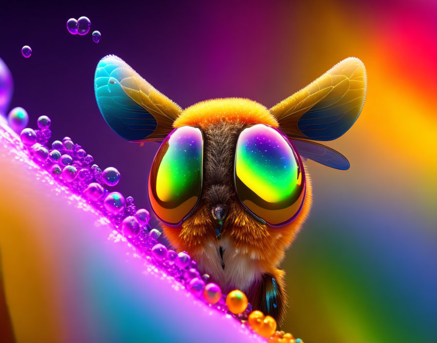 Colorful close-up of vibrant bee with iridescent wings and glossy eyes on rainbow background.