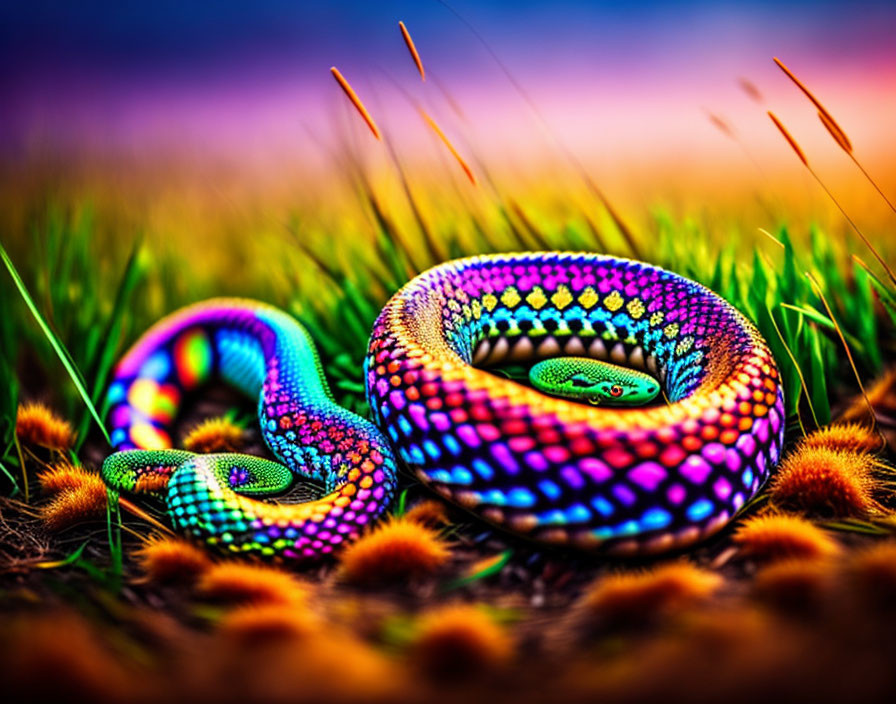 Colorful Coiled Snake with Psychedelic Pattern in Grass Field at Dusk