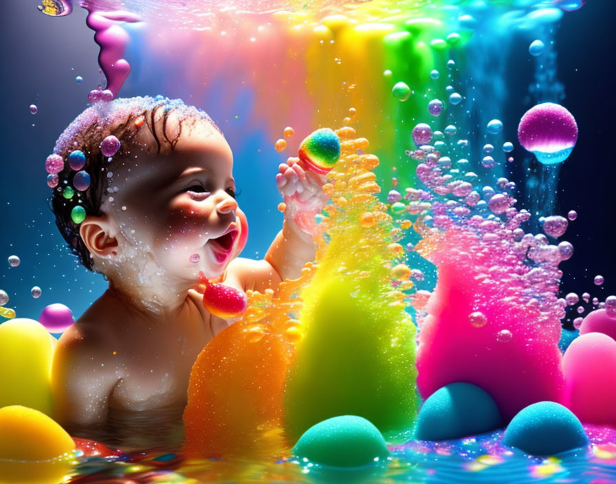 Colorful Baby Playing with Water Bubbles and Balls