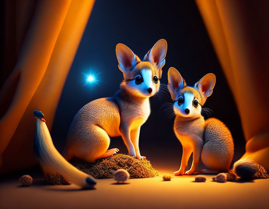 Stylized animated fennec foxes with large ears in whimsical setting