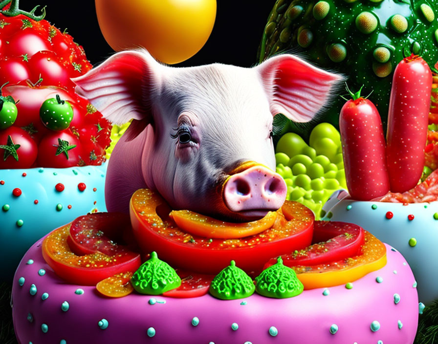 Adorable piglet on vibrant, whimsical cake with colorful fruits and sweets