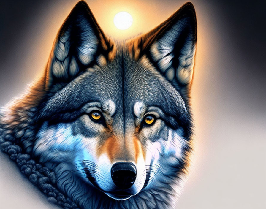 Detailed digital portrait of a wolf under a full moon