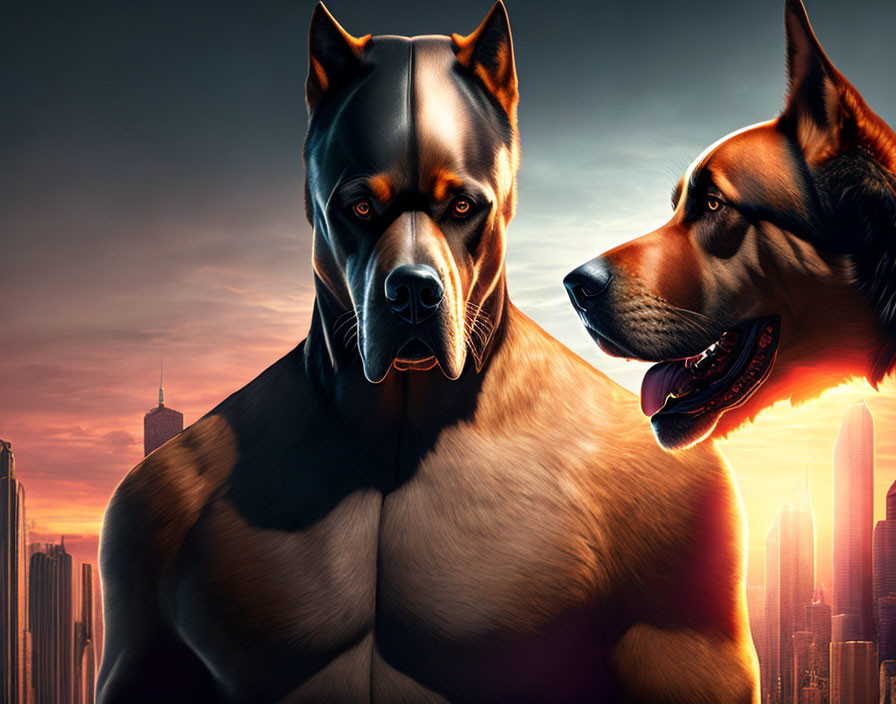 Muscular dogs with dramatic city skyline backdrop