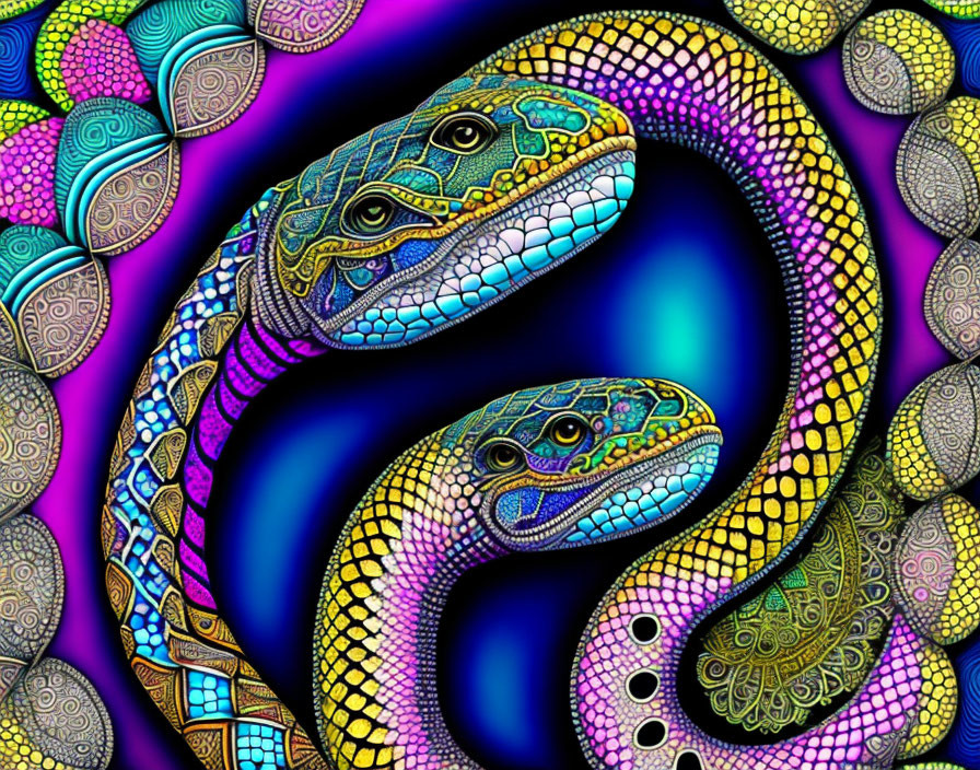 Colorful Psychedelic Snakes Artwork with Intricate Patterns