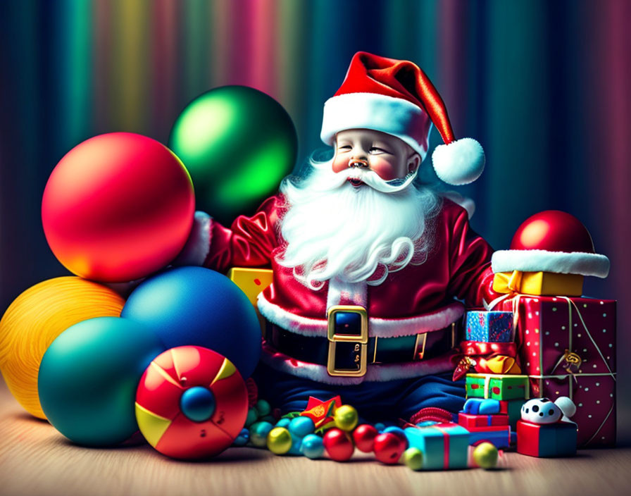 Vibrant Toy Santa Claus with Christmas Decorations