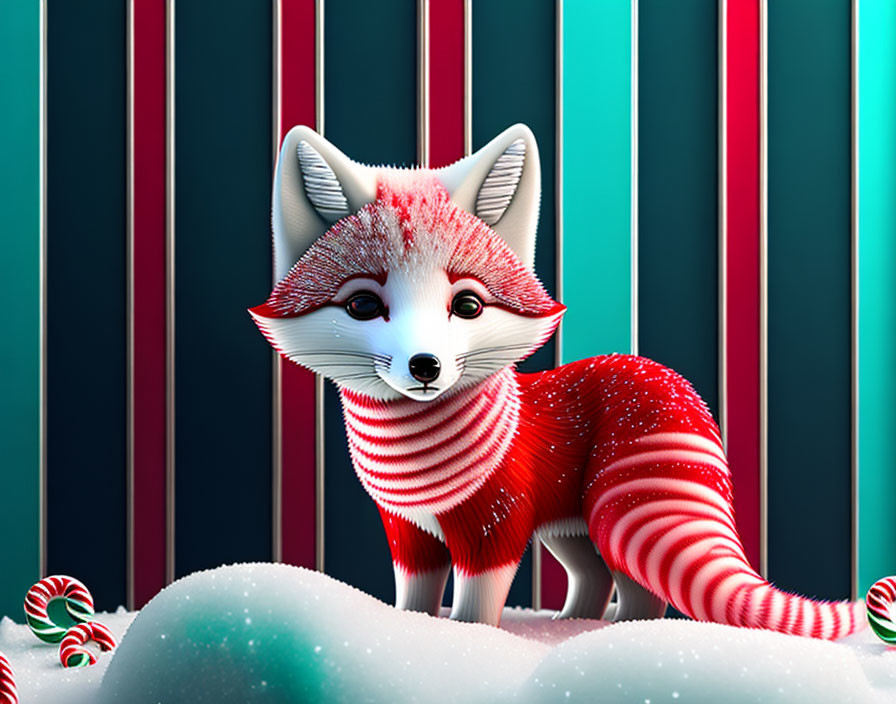 Cartoon Fox in Red and White Stripes with Snow and Candy Canes