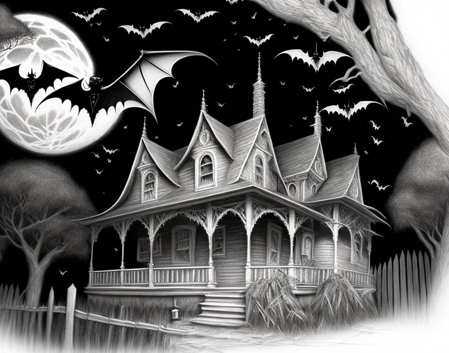 Gothic-style haunted house with bats, full moon, and dragon in black and white scene