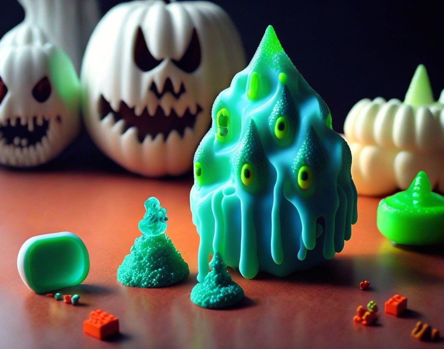 Colorful Halloween scene with slime creature, pumpkins, and Lego pieces