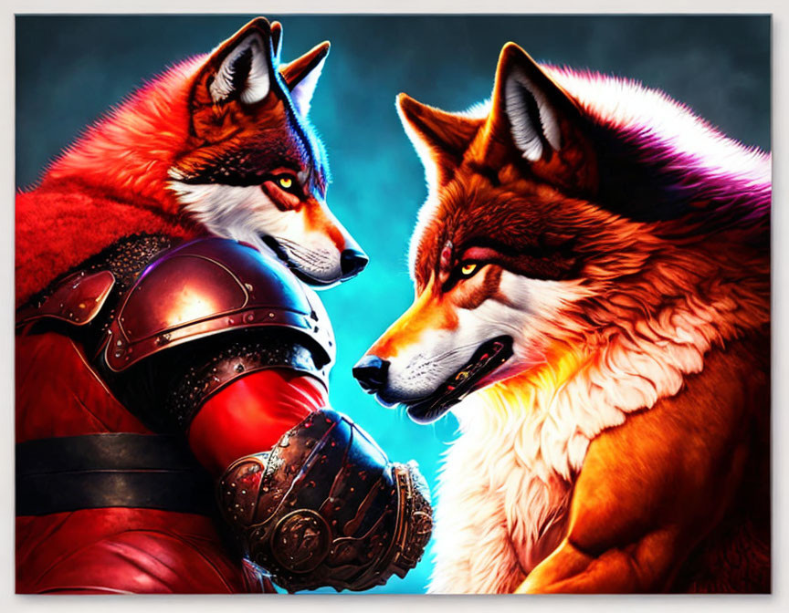 Anthropomorphic foxes in armor on vibrant blue background