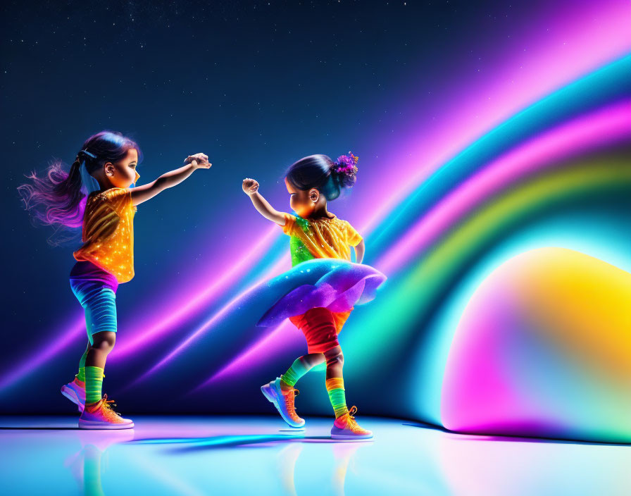 Vibrant neon-lit dance scene with young girls in rainbow outfits