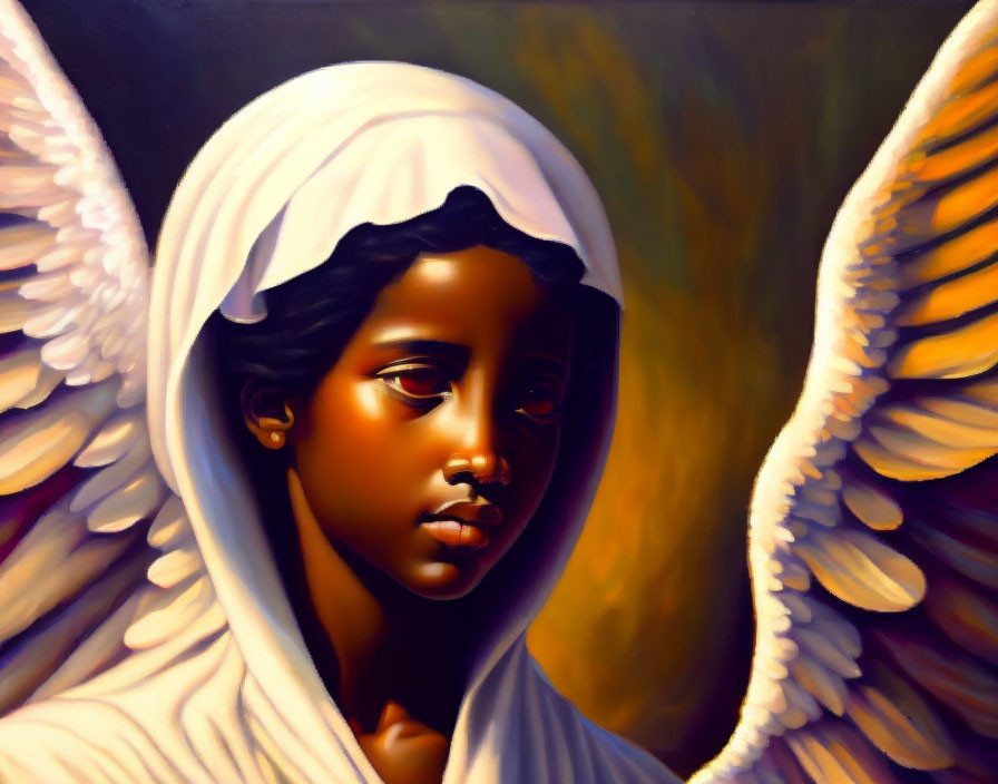 Dark-skinned angel in white attire with golden wings spread out