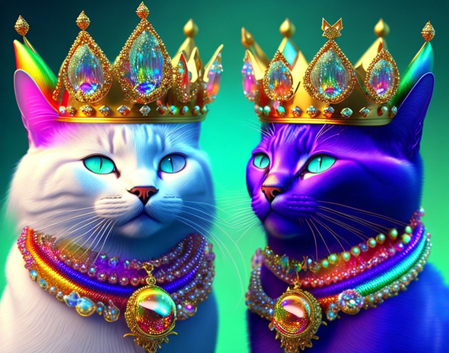 Regal white and blue cats with crowns and jewelry on green background