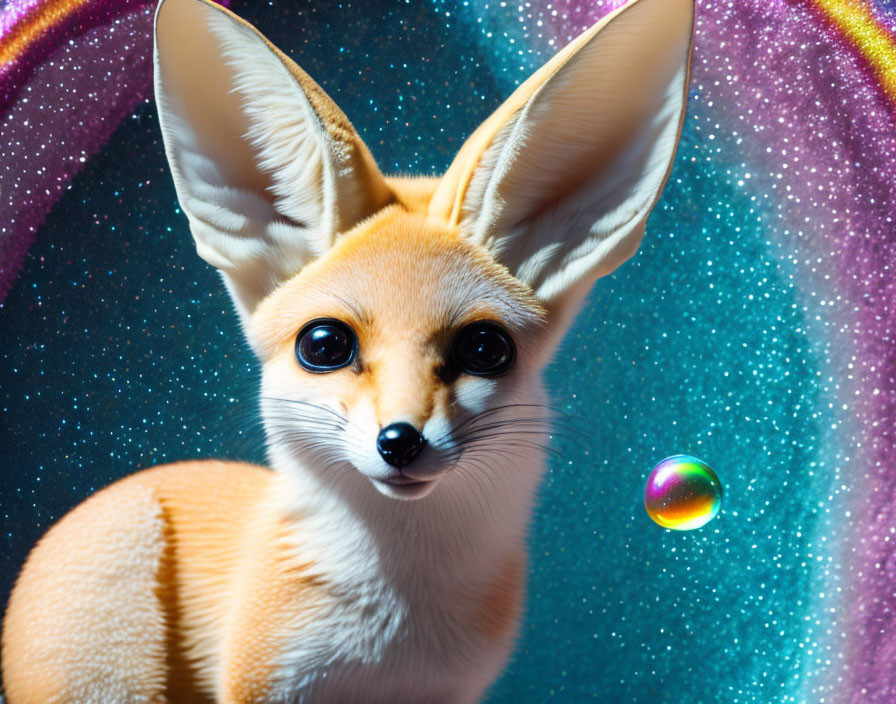 Whimsical fennec fox with oversized eyes in cosmic scene