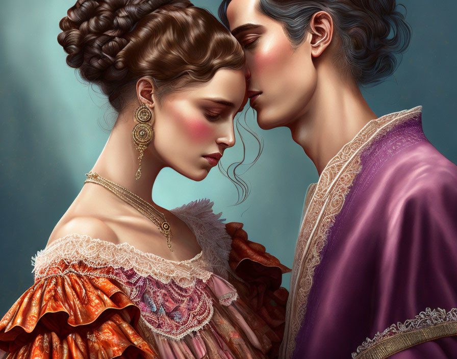 Regal period attire man and woman digital artwork intimate moment