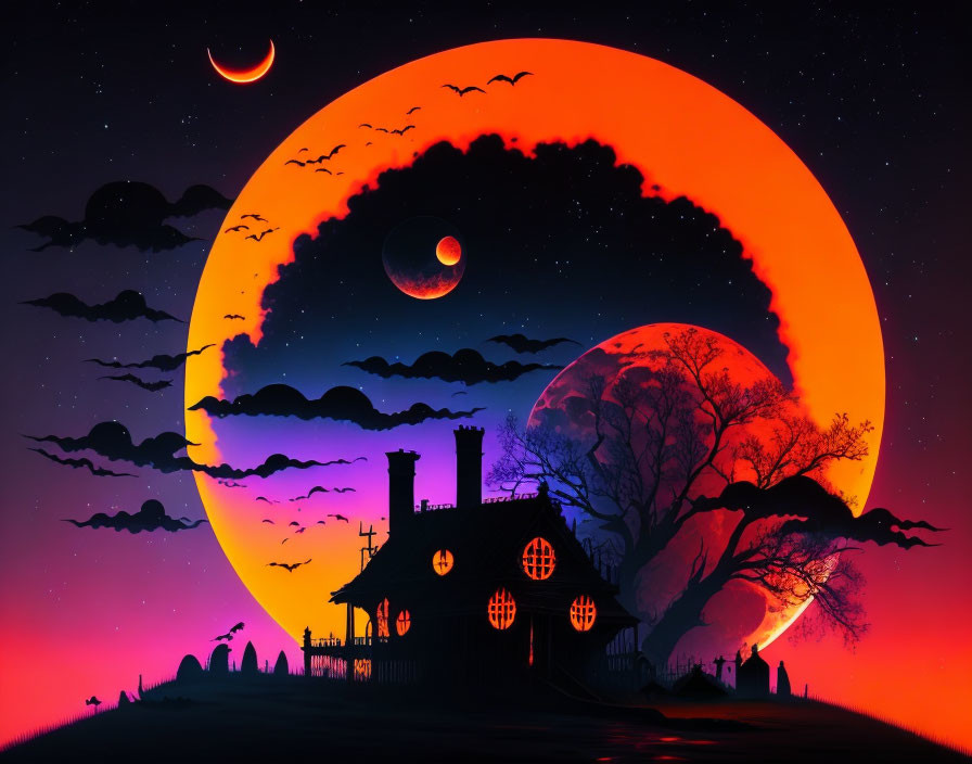 Spooky Halloween-themed haunted house illustration with moon, bats, and night sky