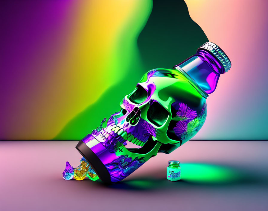 Colorful Floral Design Purple Glass Skull Bottle Art on Multi-Colored Background