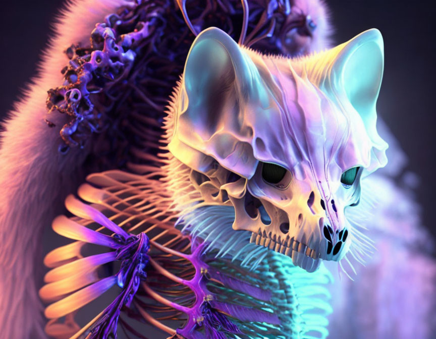 Colorful Neon X-Ray Artwork of Cat's Skeleton