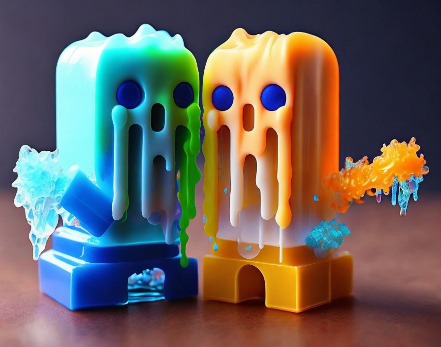 Colorful Melting Toy Figures: Blue and Orange Ghost-like Characters with Dripping Paint