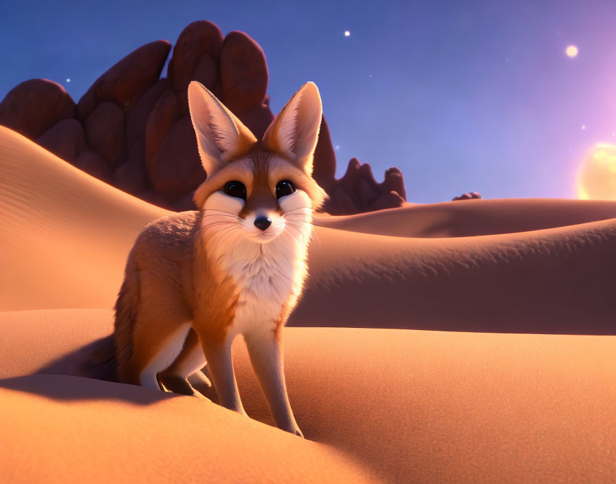 Stylized animated fox on desert dune at twilight