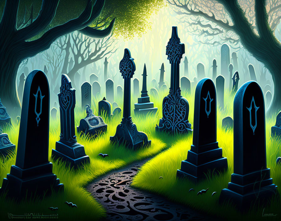 Mystical graveyard scene with vibrant green grass, ornate tombstones, and eerie blue light.