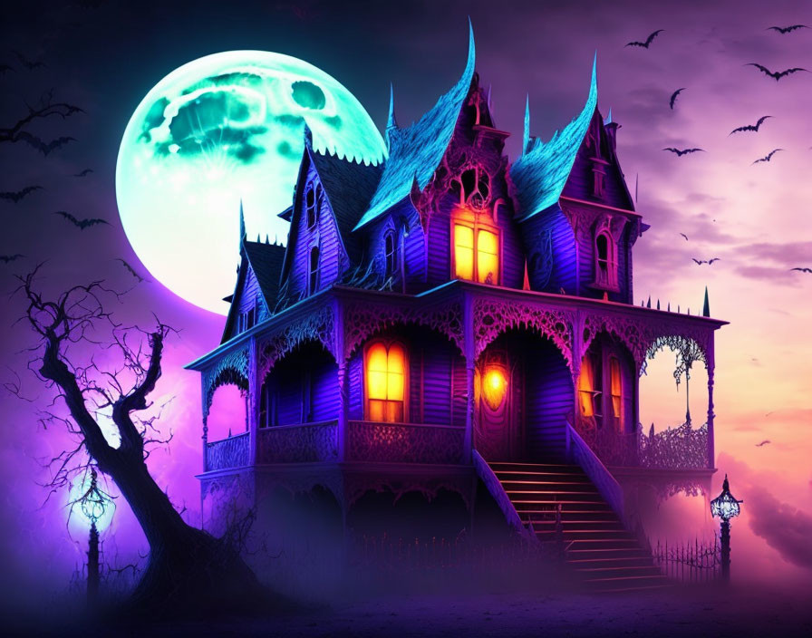 Spooky haunted house with glowing windows under full moon and bats in purple night sky