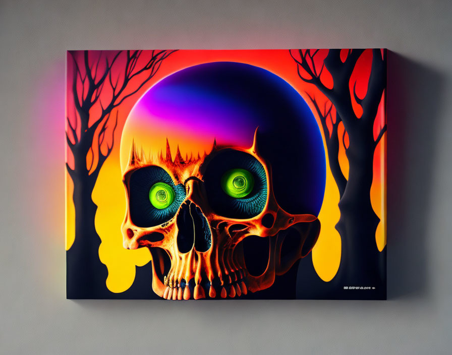 Colorful skull with green eyes in front of trees and sky on wall.