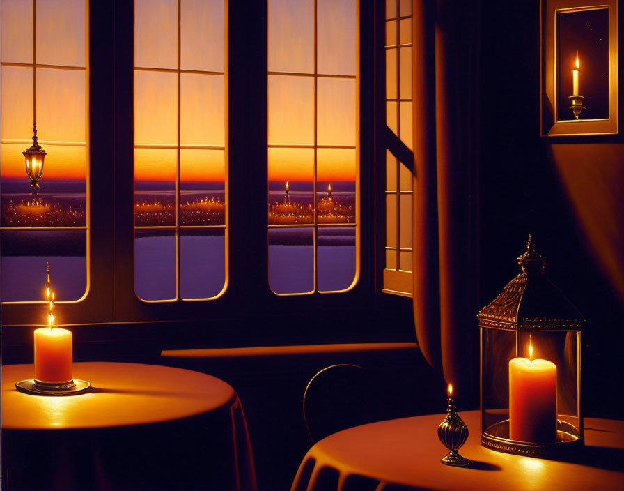 Dimly lit room with candles and cityscape view at dusk