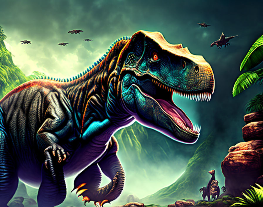 Colorful Tyrannosaurus rex with smaller dinosaurs under prehistoric sky