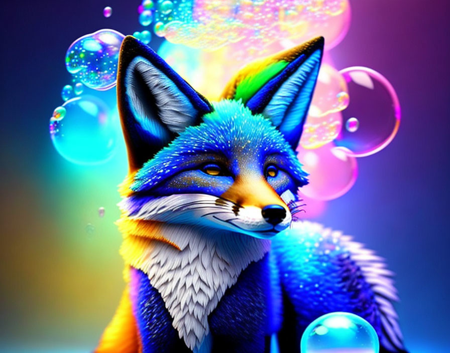 Vibrant fox digital art with blue and orange coat on iridescent bubble background