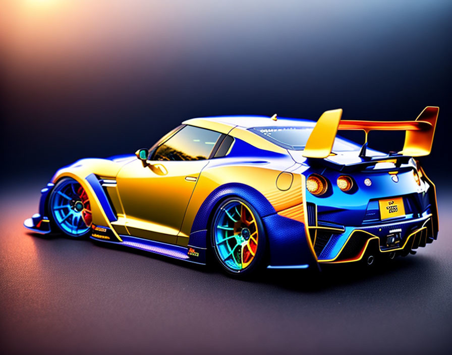 Blue and Gold Aerodynamic Sports Car with Aggressive Body Kit