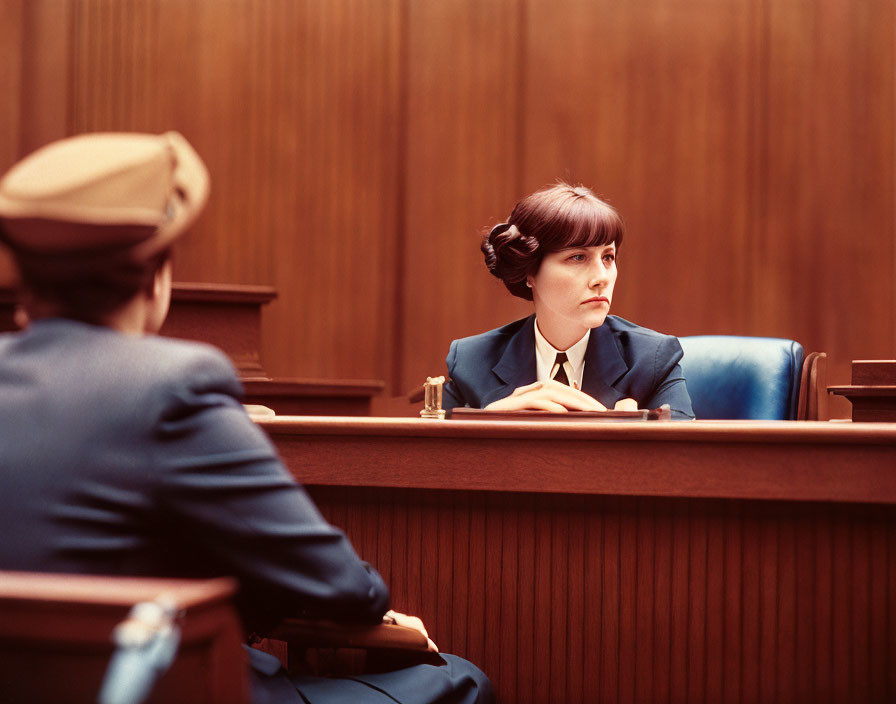 Styled hair woman in courtroom witness stand with uniformed person nearby.