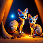 Stylized animated fennec foxes with large ears in whimsical setting