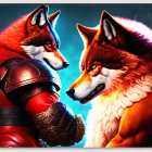 Anthropomorphic foxes in armor on vibrant blue background