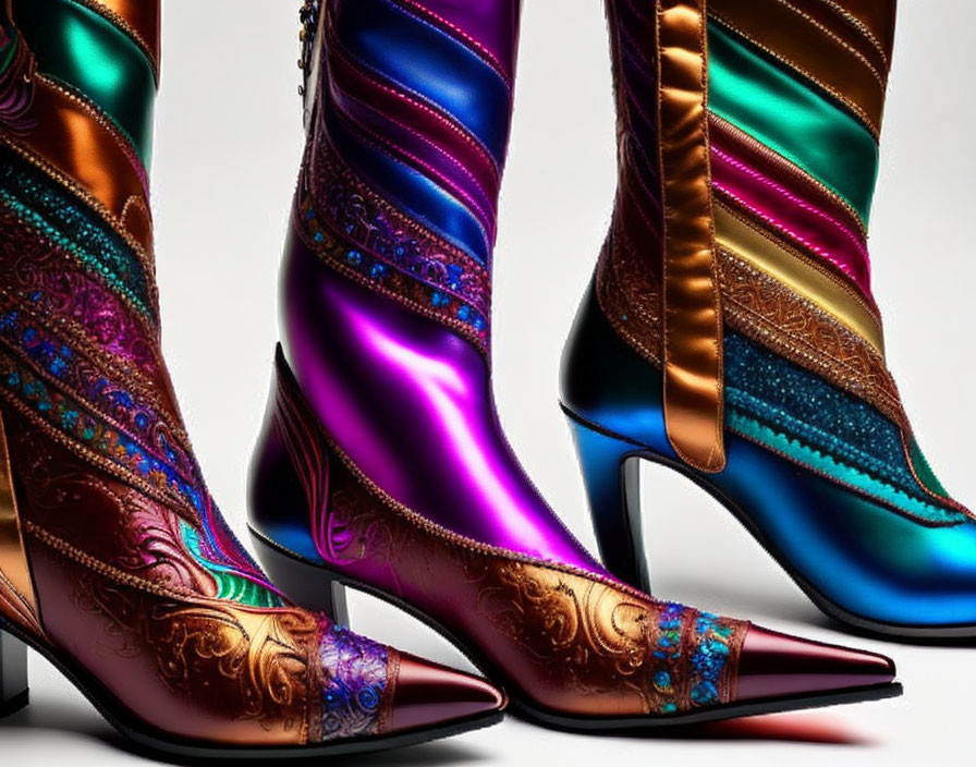 Vibrant metallic high-heeled boots on grey backdrop