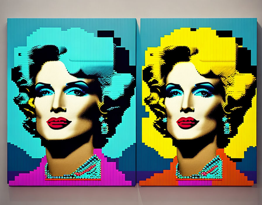 Pop Art-Style Woman Portraits on Pink and Yellow Pixel Art Canvases