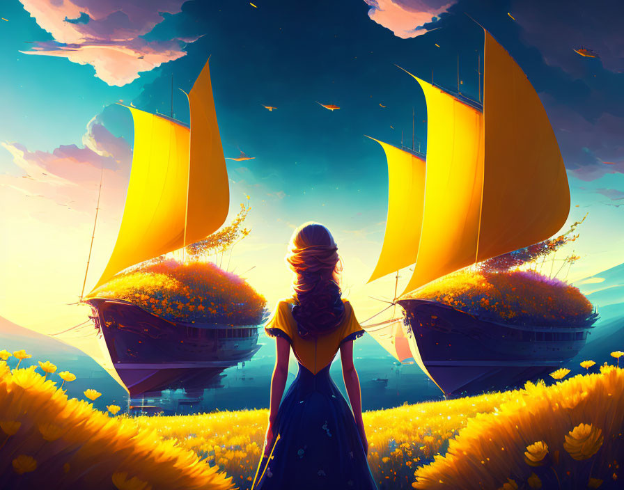 Woman admires golden sail ships in field of yellow blossoms at sunset